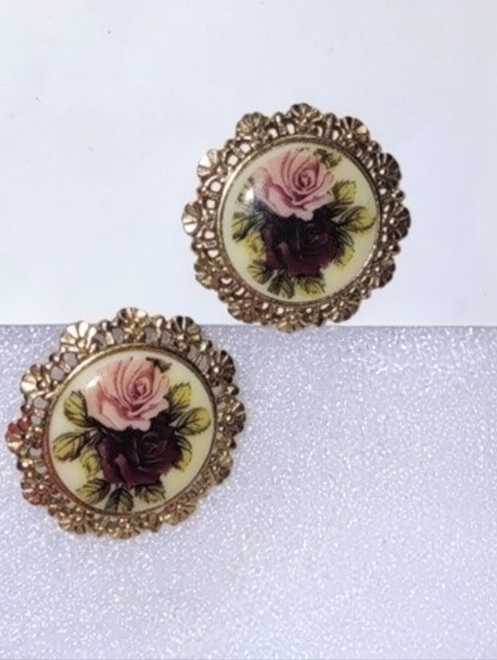 1928 Vintage Inspired Earrings Purple and Pink Rose Flowers